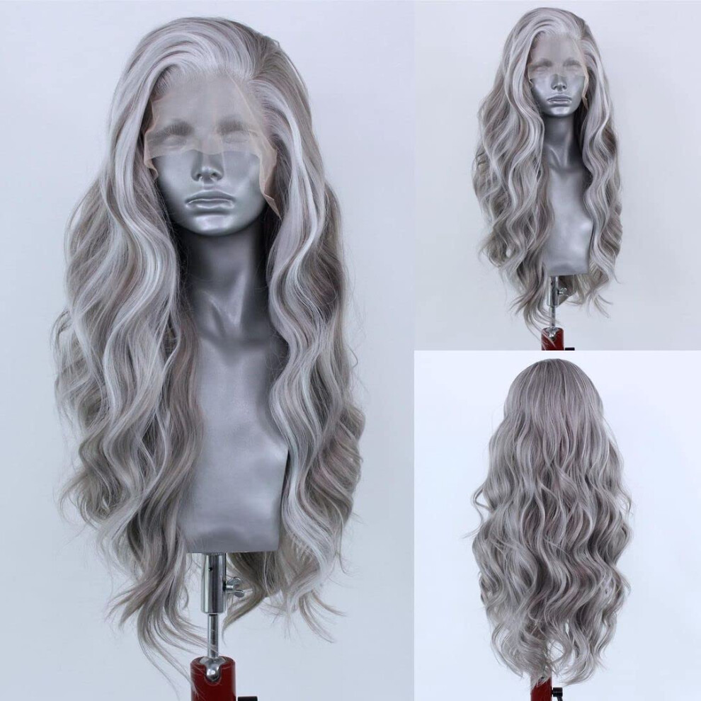 Silver Grey Lace Front Body Wave Wig 24 Inch Heat Resistant Synthetic Fiber 150% Density