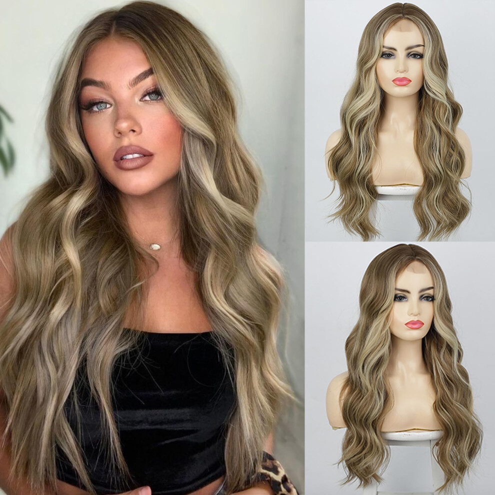 Unisex Brown Long Wavy Ombre Light Wig With Ash Blonde, Synthetic Heat Resistant For Women
