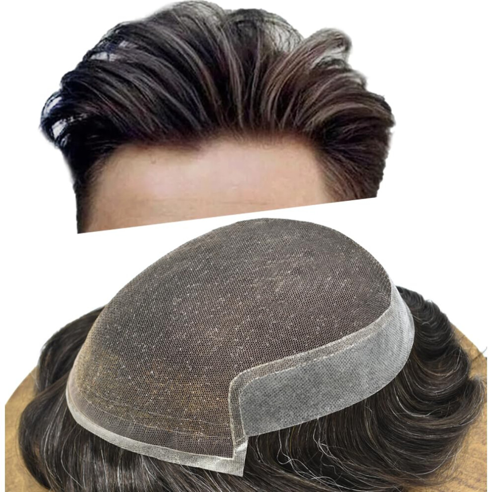 Unisex Brown,Grey Men's Toupee Human Hair Wig, Swiss Lace 7X9 Hair Replacement With Natural Hairline, Dark Brown Grey