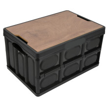 30L Folding Storage Box with Wooden Lid, Collapsible SpaceSaving Bin for Car Home Camping, Black