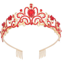 Red Gold Crystal Tiara with Combs for Women Girls Bridal Wedding Prom Princess Crown