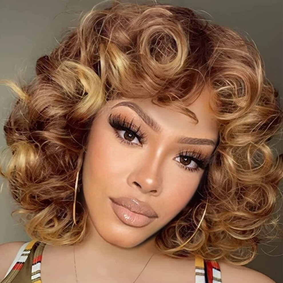 Unisex Black Short Curly Wigs For Women Ombre Blonde Afro Wig With Bangs Heat Resistant Synthetic Hair