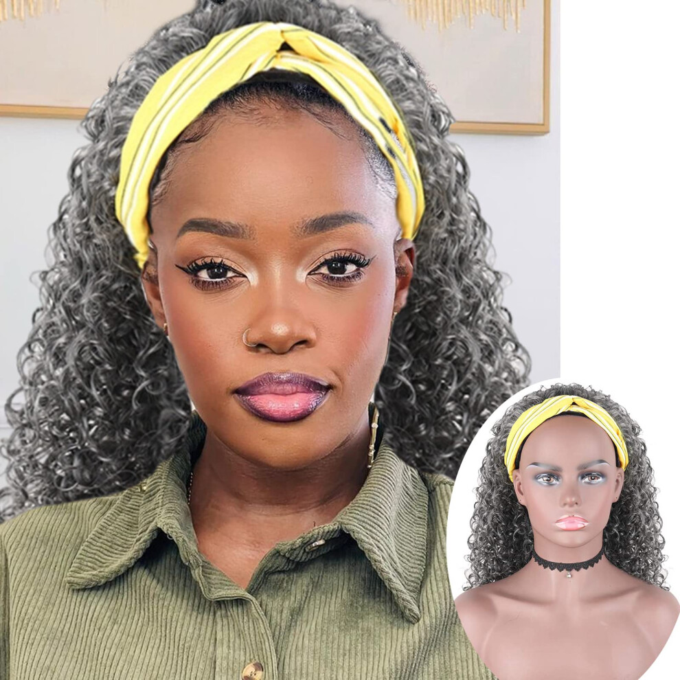 Unisex Gray 16Inch Synthetic Loose Wave Curly Headband Wig For Women, Heat Resistant Fiber, 1B
