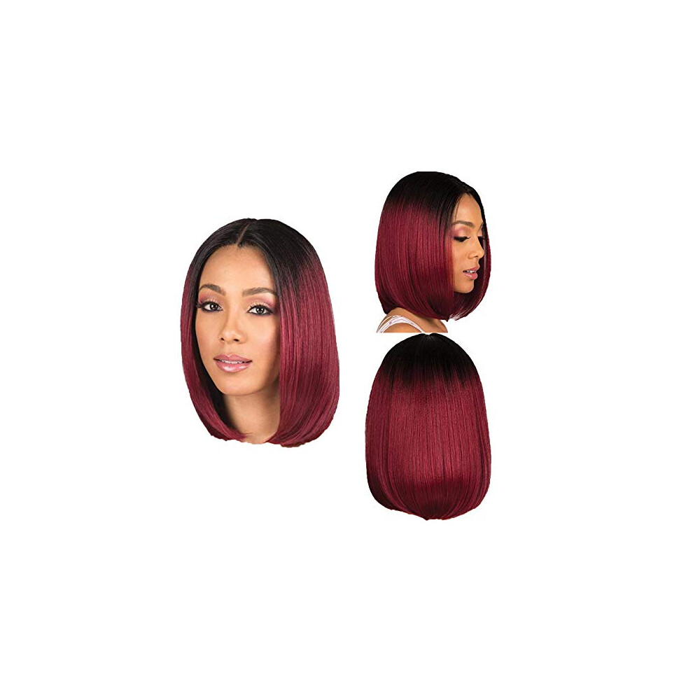 Unisex Red Short Bob Wig With Bangs Ombre Synthetic Hair Naturallook Heat Resistant Adjustable Cap