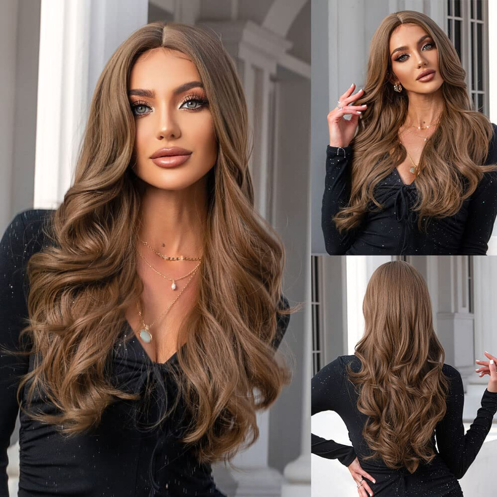 Unisex White Blonde Wavy Middle Part Wig For Women Heat Resistant Synthetic Hair With Natural Blonde Waves