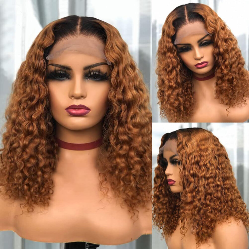 Unisex 14 Inch Brazilian Ombre Curly Bob Lace Front Wig Human Hair Pre Plucked Natural Hairline