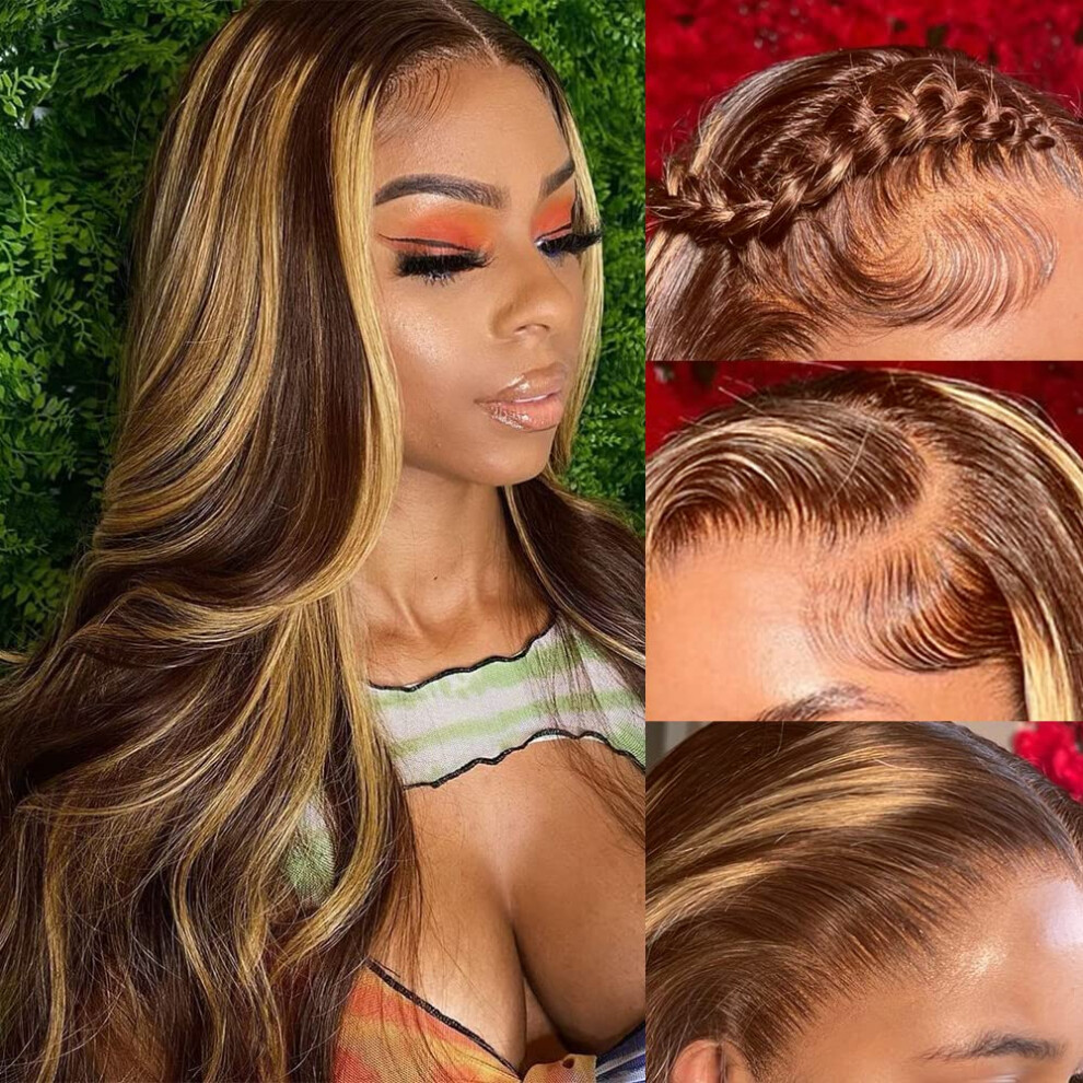 Unisex Honey Blonde 13X4 Hd Lace Front Wig Brazilian Virgin Human Hair 4/27 Ombre Pre Plucked 150% Density