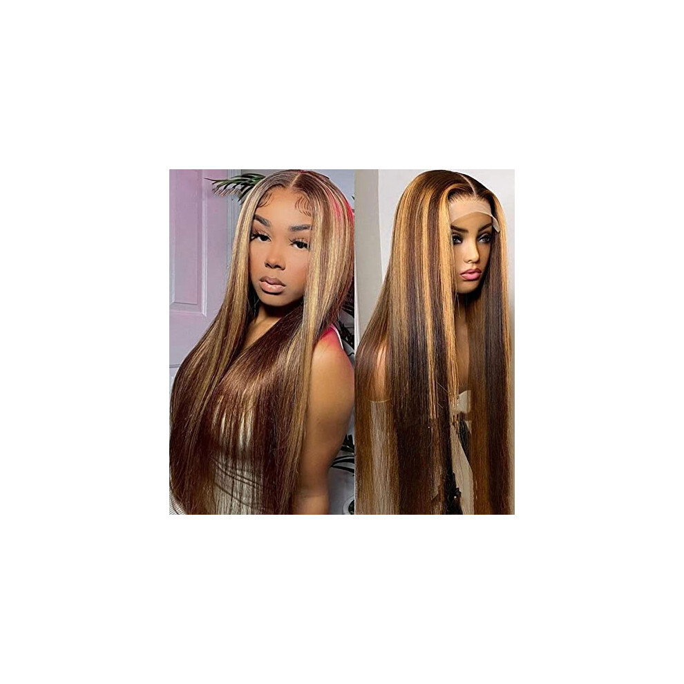 Unisex Black 28 Inch Ombre Honey Blonde Human Hair Lace Front Wig 13X4 Hd Transparent Pre Plucked Hairline 180% Density For Women