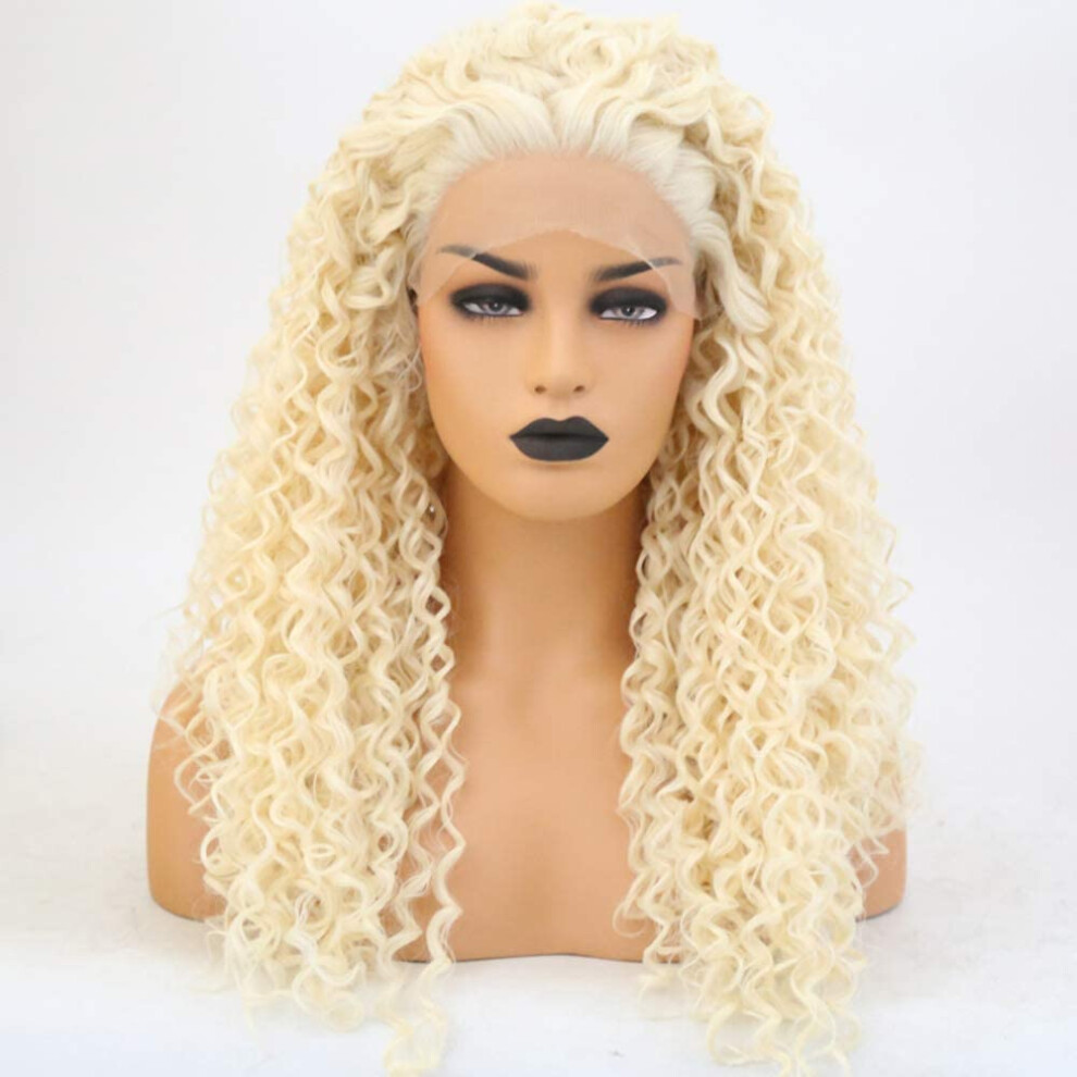 613 Blonde Lace Front Wig, Long Deep Curly Heat Resistant Synthetic Hair, Pre Plucked Glueless Design