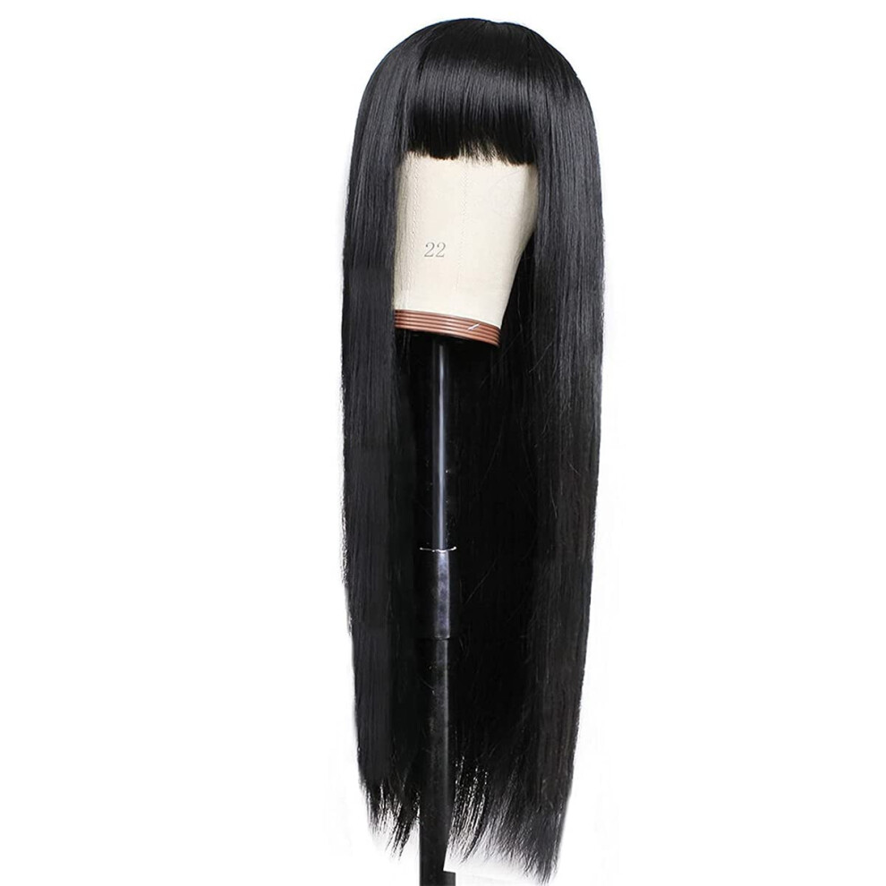 Synthetic Hair Wig Long Straight with Bangs Heat Resistant Black Natural Hairline Glue  24 Inch