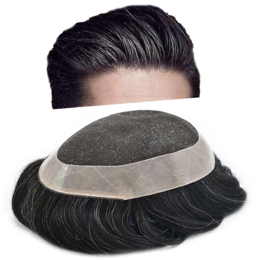 Unisex Black,Grey Men's Toupee 6X8 Off Black 60% Grey Hair European Remy Human Hairpiece, French Lace Front With Durable Poly Perimeter