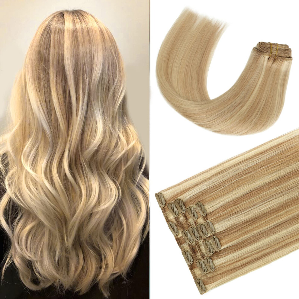 Unisex Brown Clip In Hair Extensions 18 Inch Balayage Golden To Bleach Blonde Remy Human Hair For Volume