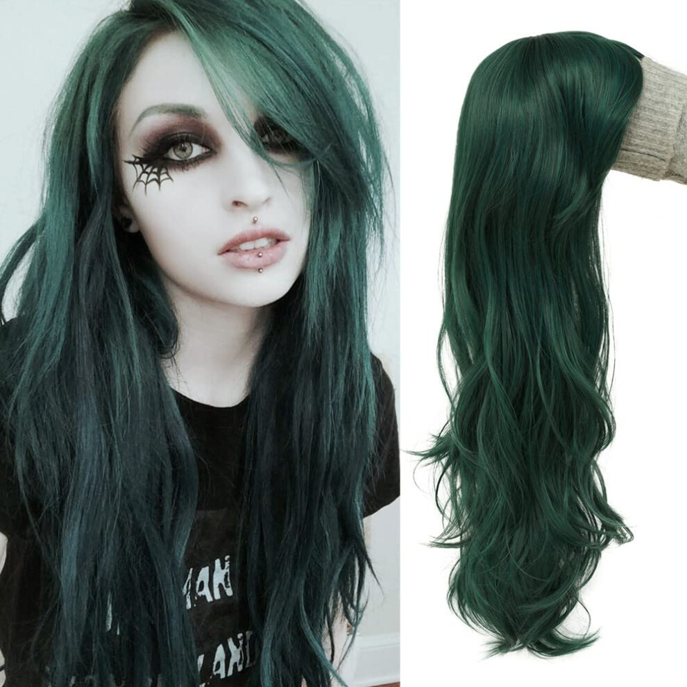 Unisex Green Long Curly Synthetic Wig With Bangs For Women, Heat Resistant Fiber, Natural Look Finish