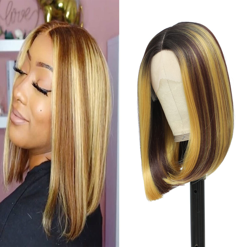 Unisex 12 Inch Honey Blonde Highlight Lace Front Bob Wig For Women, Synthetic Heat Resistant Hair