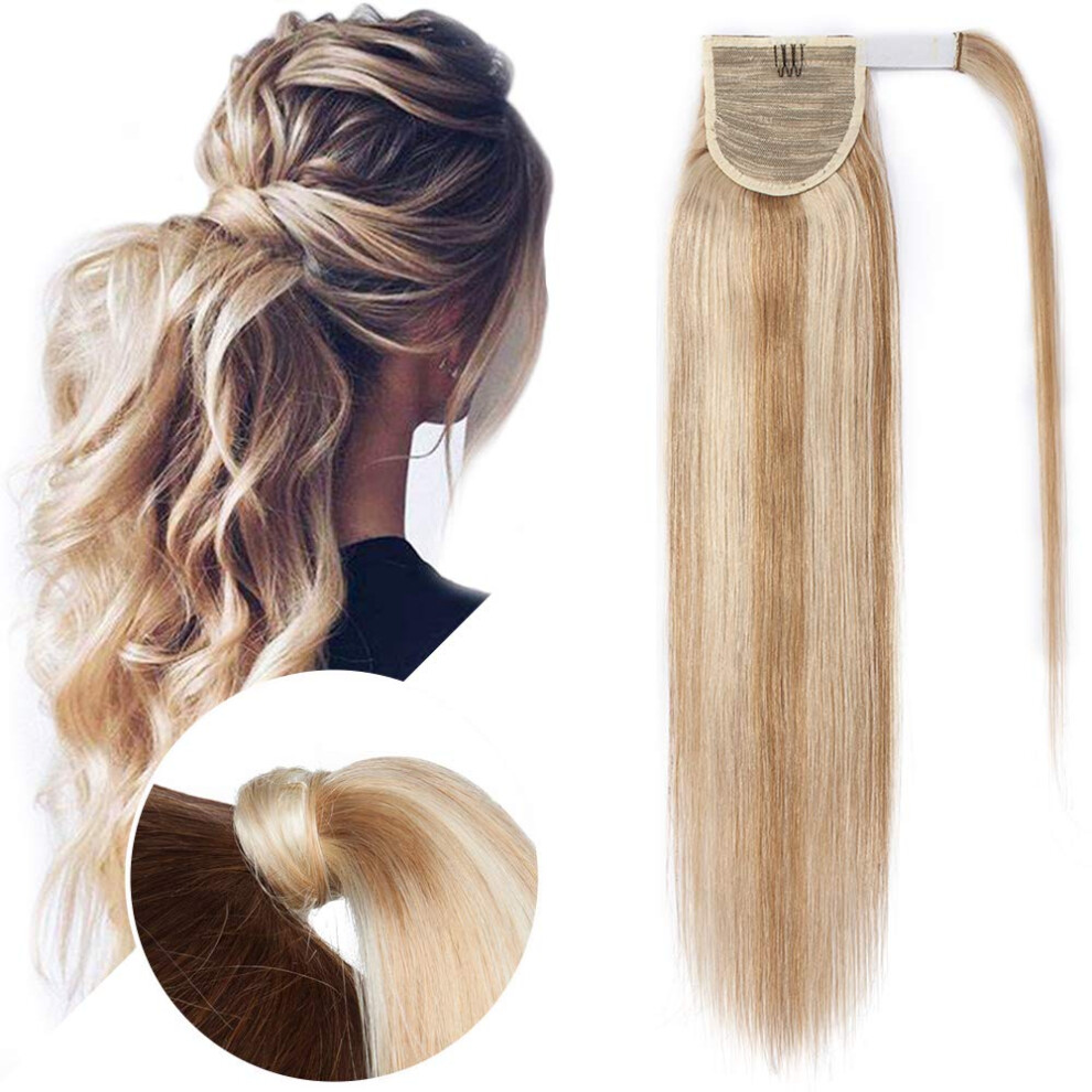 Unisex 16 Inch Human Hair Ponytail Extension Ash Blonde And Bleach Blonde Wrap Around Hairpiece For Women Natural Silky Texture