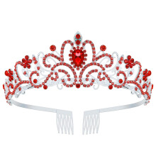 Red and Silver Crystal Tiara for Women Princess Crown with Side Combs Adjustable Bridal Prom