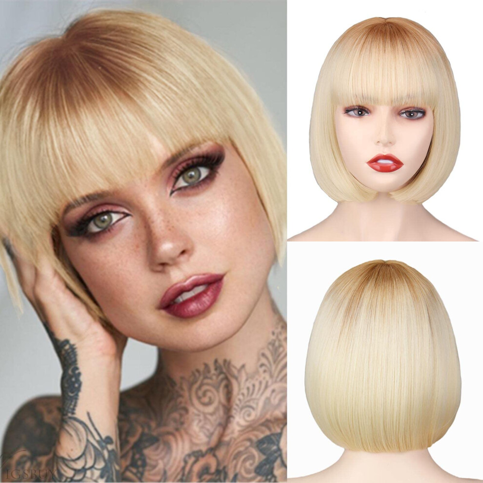 Unisex Blonde Bob Wig With Bangs For Women, Ombre Short Straight Heat Resistant Synthetic Hair