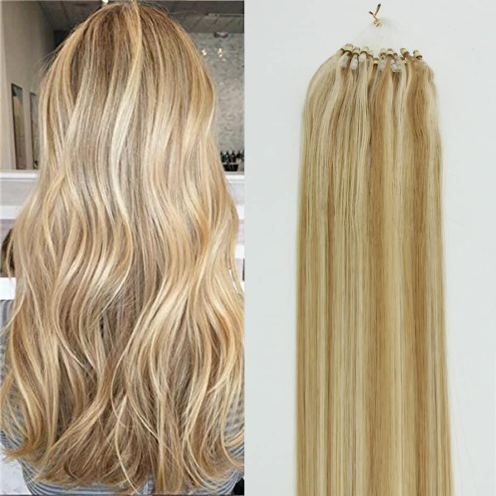 Unisex Remy Micro Bead Hair Extensions 18 Inch Ash Blonde Mix Bleach Blonde P18/613 100% Human Hair 100 Strands