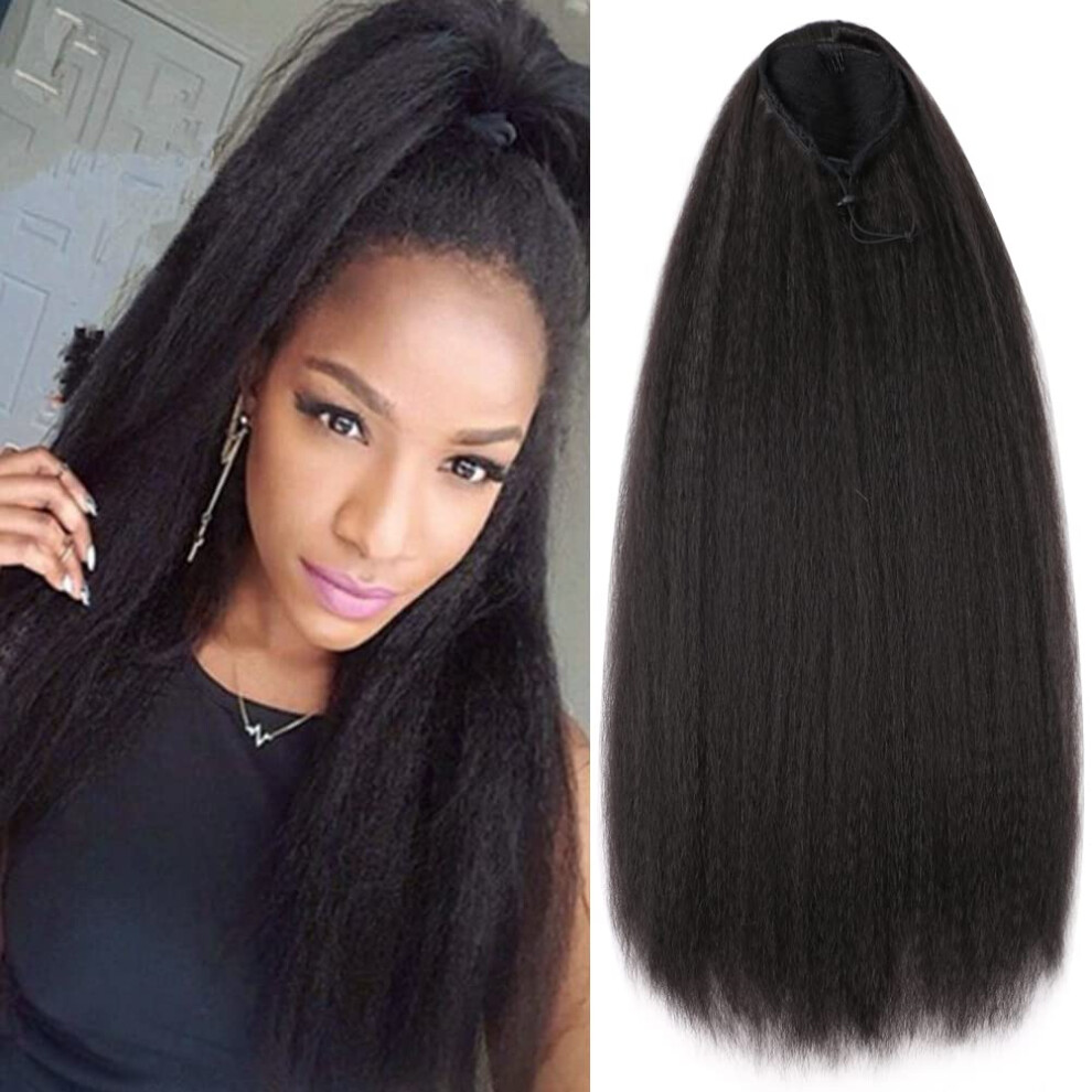 Unisex Black 28 Inch Synthetic Yaki Drawstring Ponytail Extension Natural Kinky Straight Hairpiece For Women