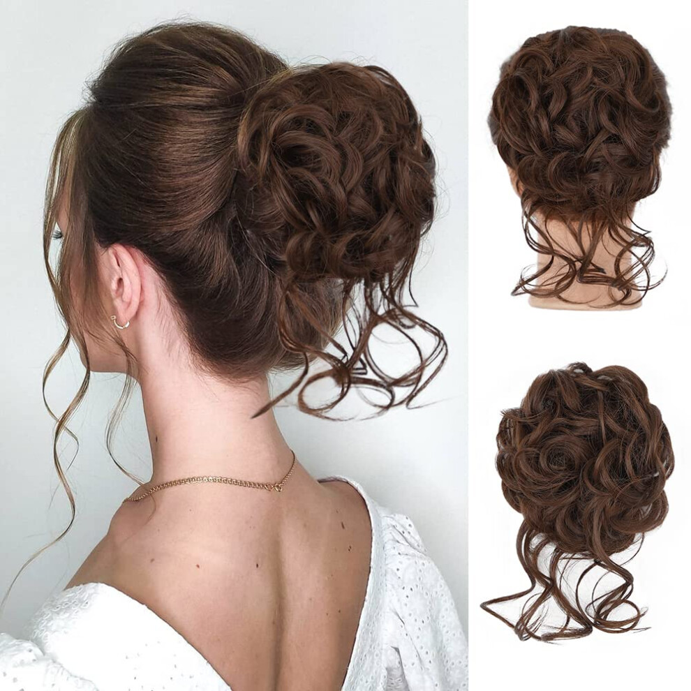 Unisex Brown Messy Bun Hairpiece Synthetic Hair Bun Extension Medium Chestnut For Instant Volume Boost