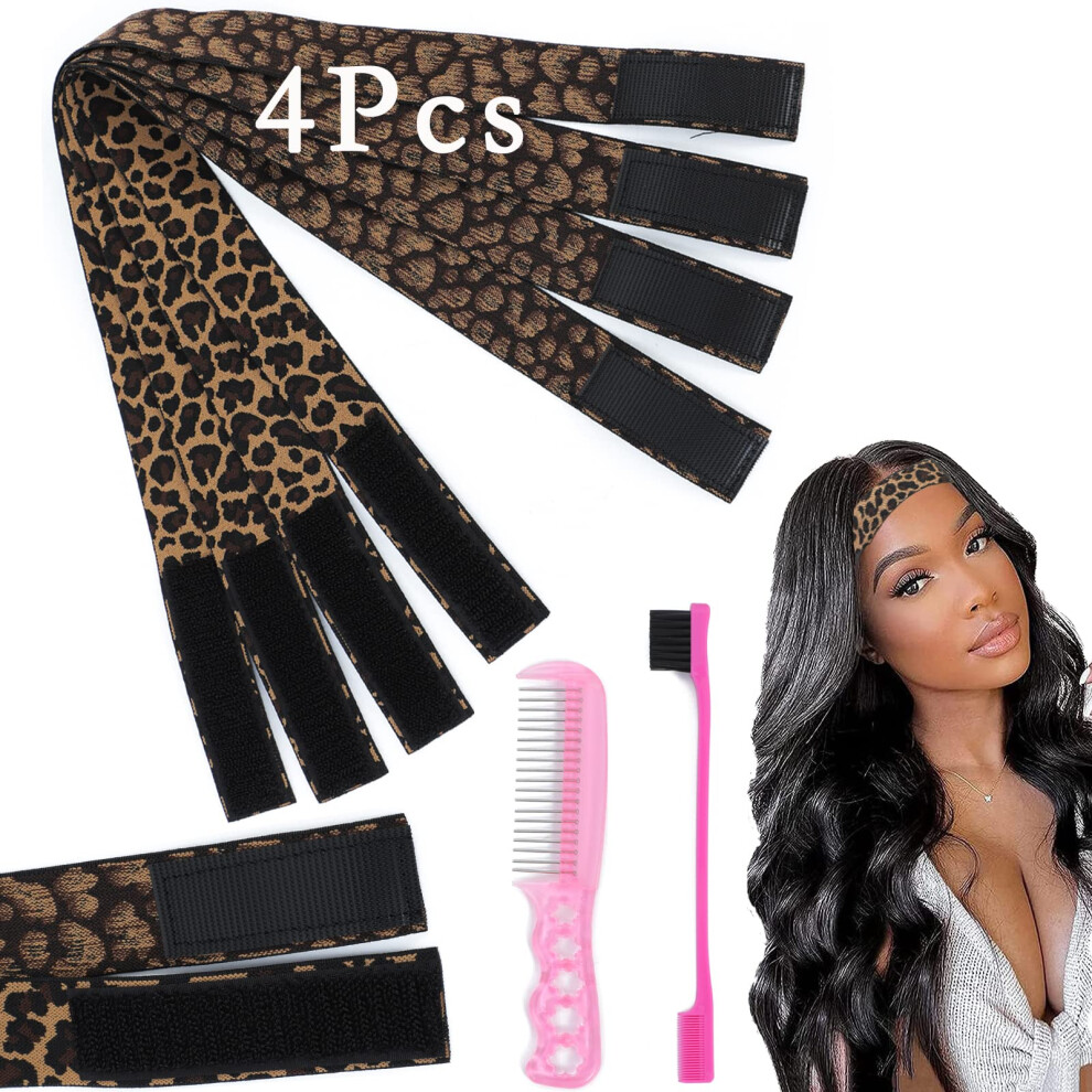 Elastic Bands for Lace Wig Edges, Adjustable Lace Wig Melt Band Set with Edge Brush, Leopard Print
