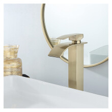 Brass Bathroom Sink Faucet Hot Cold Mixer Tap with Waterfall Spout Single Lever Brush Gold
