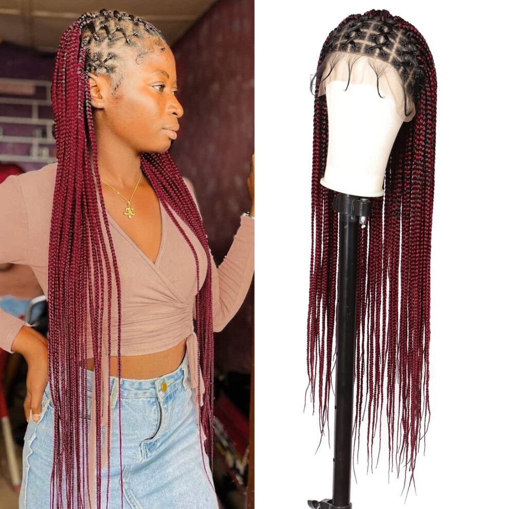 36 Inch Knotless Braided Wig with Baby Hair, Full Lace Burgundy Box Braids for Women, Natural Hairline