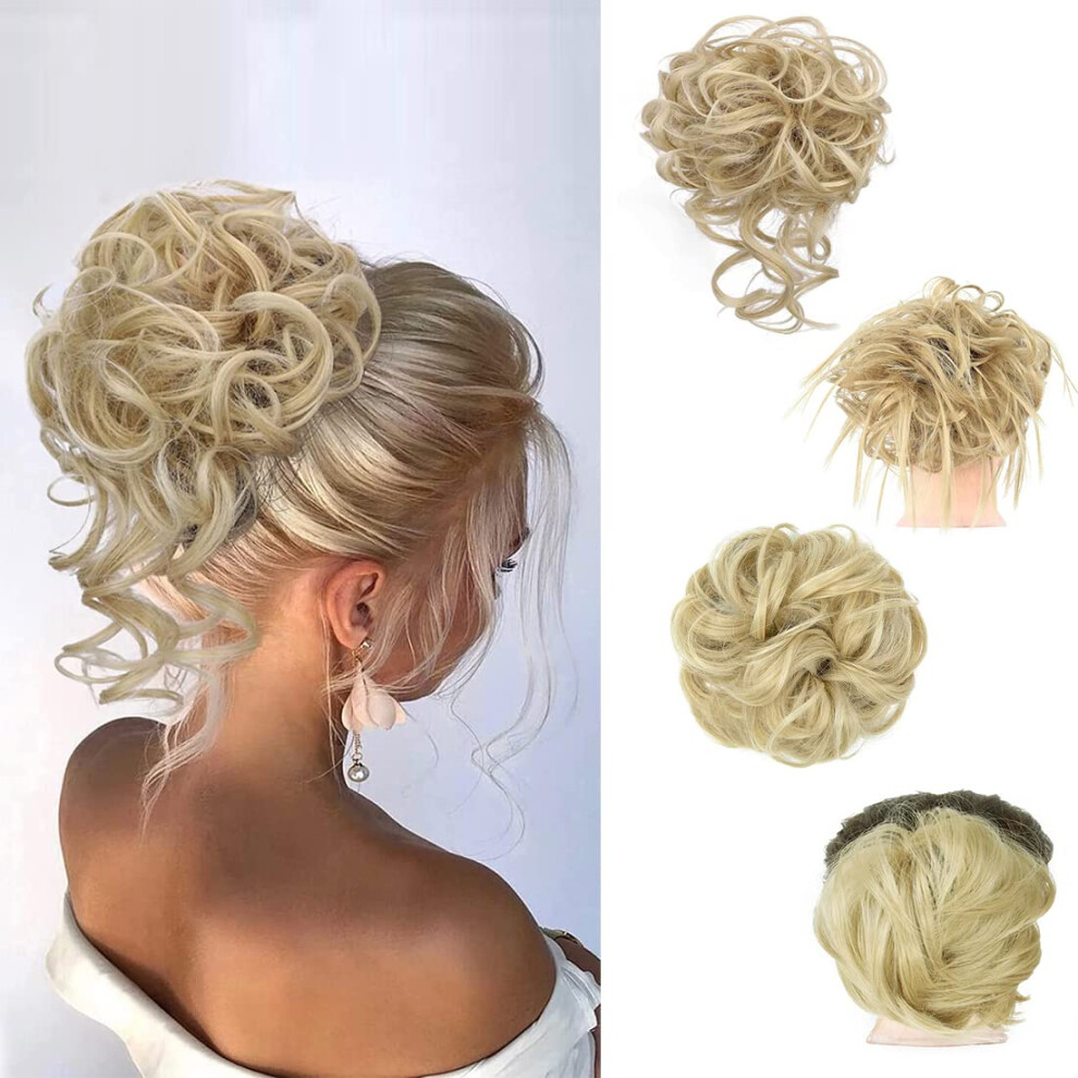 Light Messy Bun Hair Piece For Women, Synthetic Wavy Hair Bun Extensions, Instant Volume, Blonde Set
