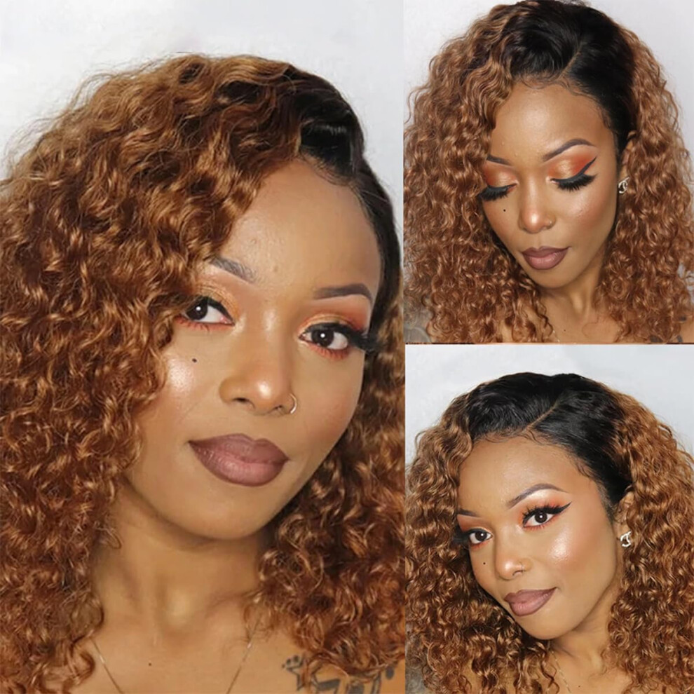 Unisex Dark Curly Ombre Blonde Human Hair Wig Brazilian Deep Wave Hd Lace Front Pre Plucked Baby Hair 22''