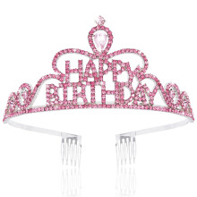 Pink Birthday Tiara for Women with Sparkling Rhinestones and Secure Comb Fastening