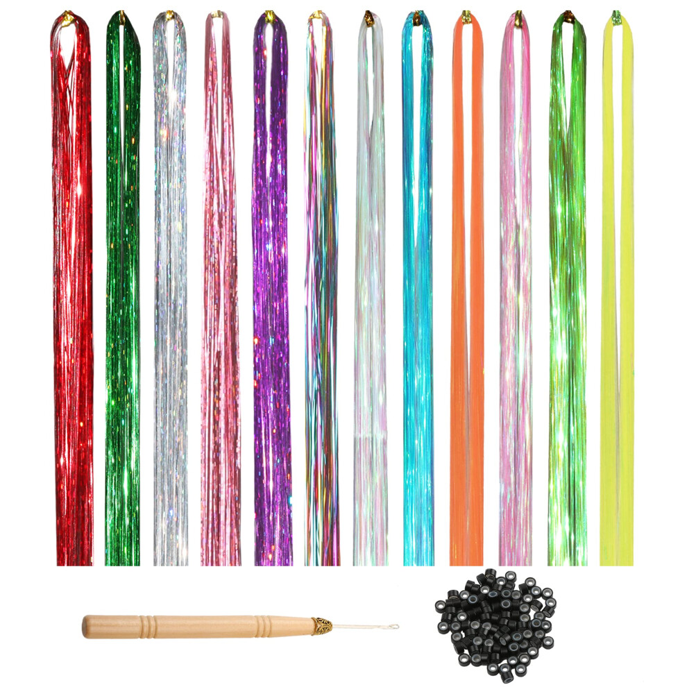 Unisex 12 Colors Hair Tinsel Kit 2400 Strands Heat Resistant Fairy Hair Extensions With Micro Beads For Sparkly Styling