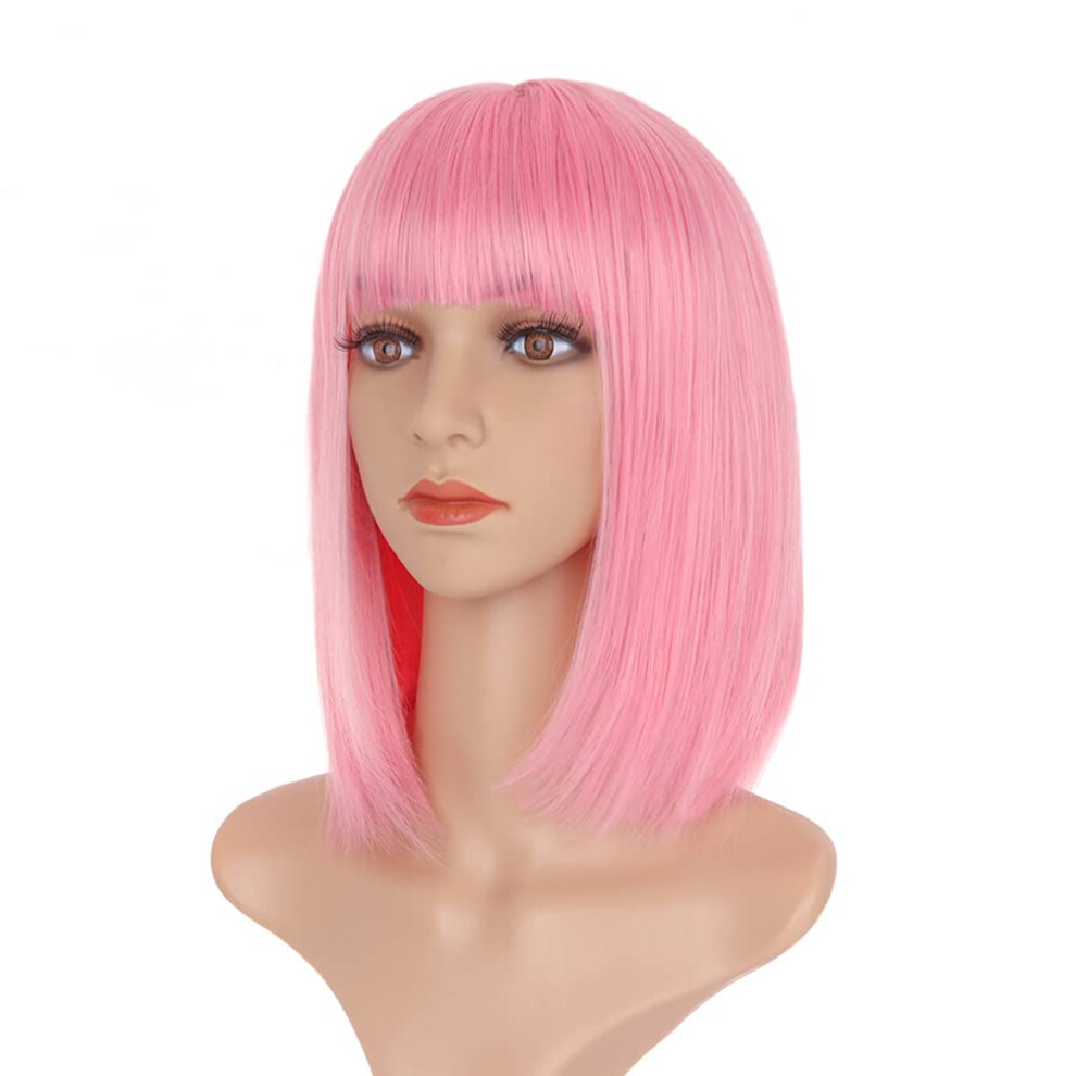 Light Pink Bob Wig with Bangs for Women, Vibrant Straight Synthetic Wig for Daily Wear and Cosplay