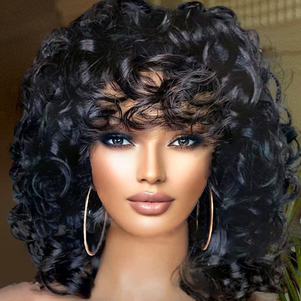 Unisex Black Short Curly Wig With Bangs Natural Afro For Women HeatâResistant Synthetic 14 Inch