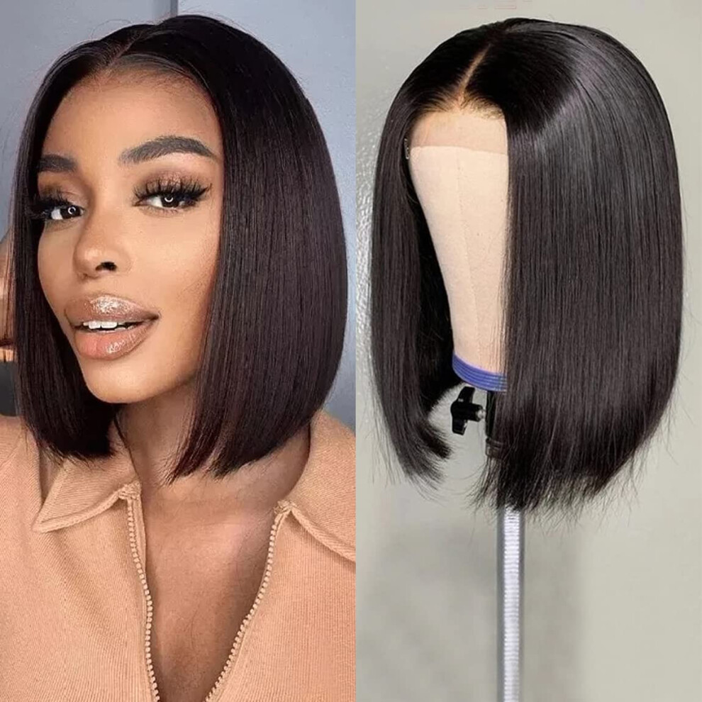 Unisex Human Hair Lace Front Bob Wig 4X4 Hd Transparent Lace, Pre Plucked Glueless Brazilian Virgin Hair 12Inch