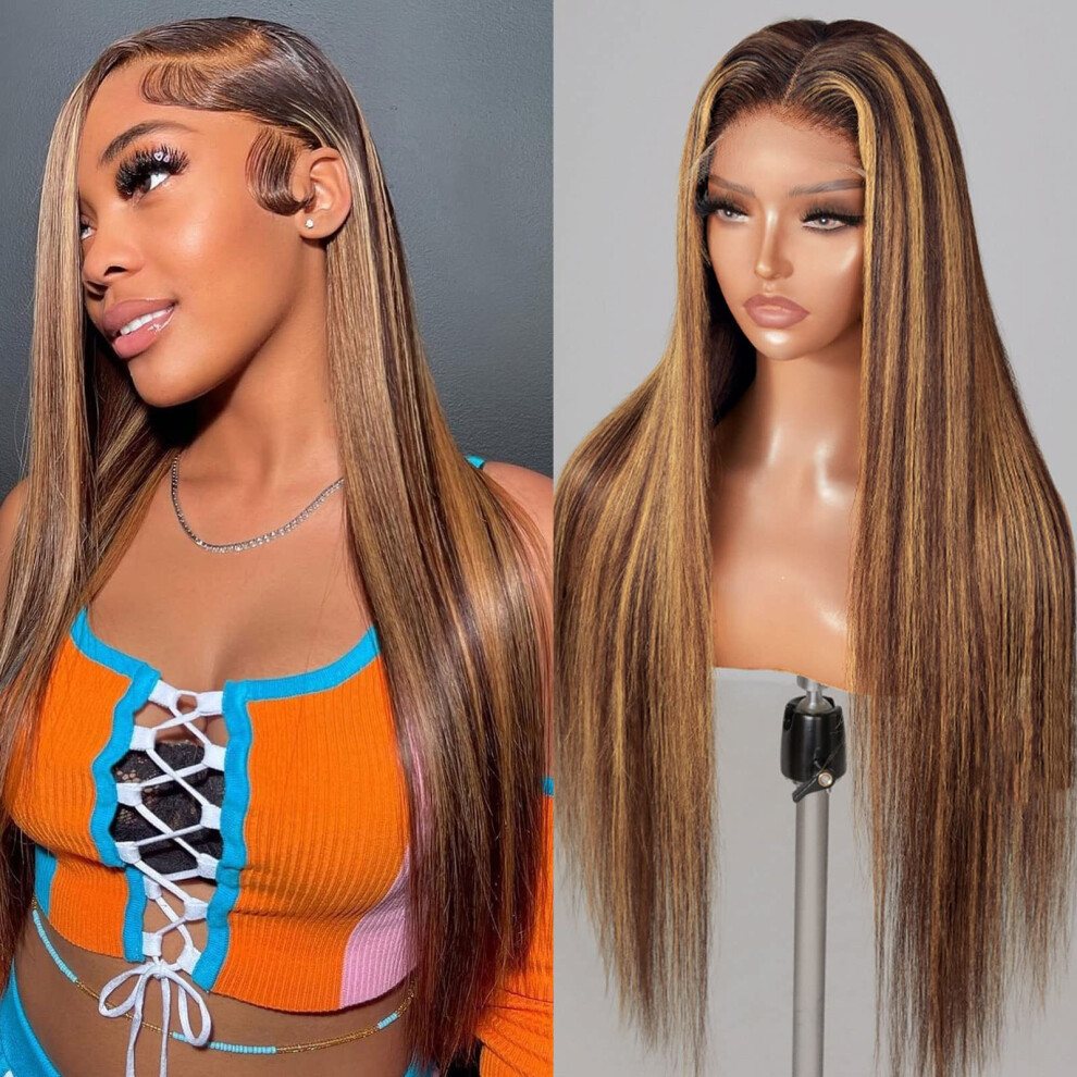 Human Hair Lace Front Wig 13x4 HD Transparent Honey Blonde Ombre Straight 20 Inch