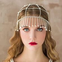 Vintage Bridal Headpiece with Rhinestone Pearl Head Chain, 1920s Crystal Tassel Silver Hair Accessory