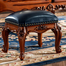 Leather Footstool with Carved Wooden Legs for Living Room or Bedroom, Small Brown