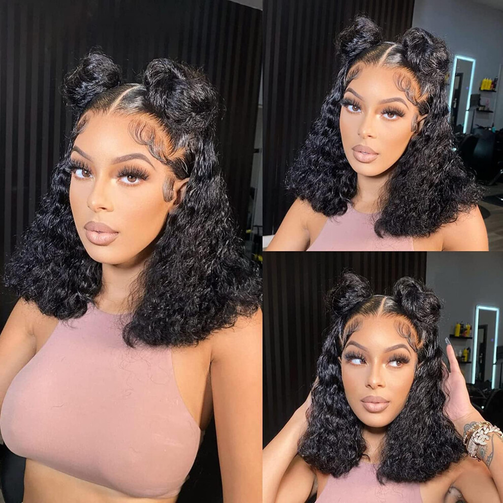Unisex Black 13X4 Glueless Curly Lace Front Bob Wig Human Hair 12 Inch Hd Lace Pre Plucked Natural Hairline For Women