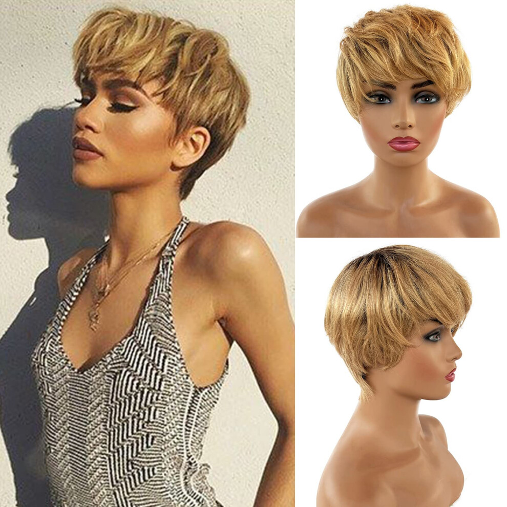 Unisex Short Ombre Blonde Pixie Cut Bob Human Hair Wig With Bangs For Women 8 Inch 180 Density Natural