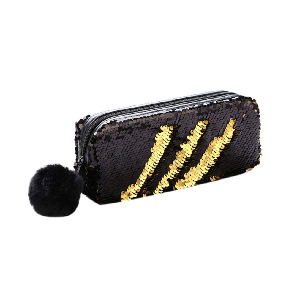 Black and Gold Sequin Pencil Case with Pompom, Large Capacity Zipper Cosmetic Pouch Organizer