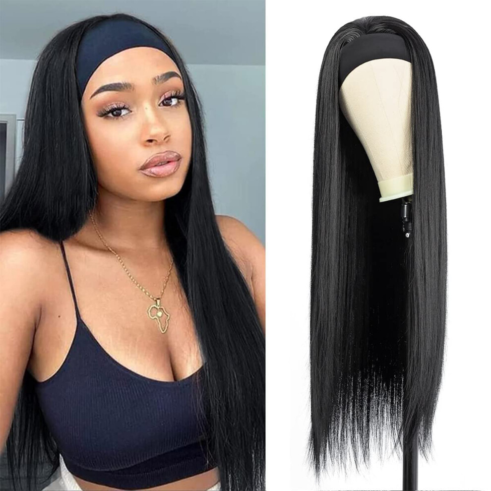 24 Inch Black Headband Wig for Women Synthetic Straight Wig Heat Resistant Glueless Natural Look
