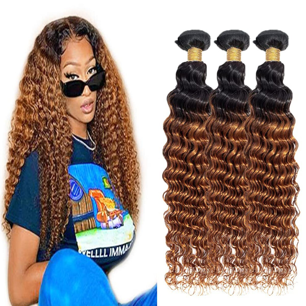 Unisex 1B/30 Ombre Brazilian Deep Wave Human Hair Bundles Tangle Virgin Remy Weave 3Pcs 22 24 26 Inch