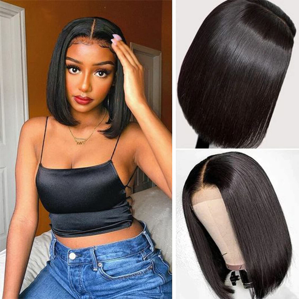 Unisex Brazilian Virgin Human Hair Bob Wig 8 Inch With 4X4 Hd Lace Closure And Preplucked Baby Hair