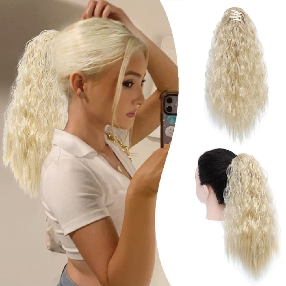 Unisex Black Ponytail Hair Extension Curly Clip In With Secure Claw Clip, 14 Inch Blonde Wavy Hairpiece For Women