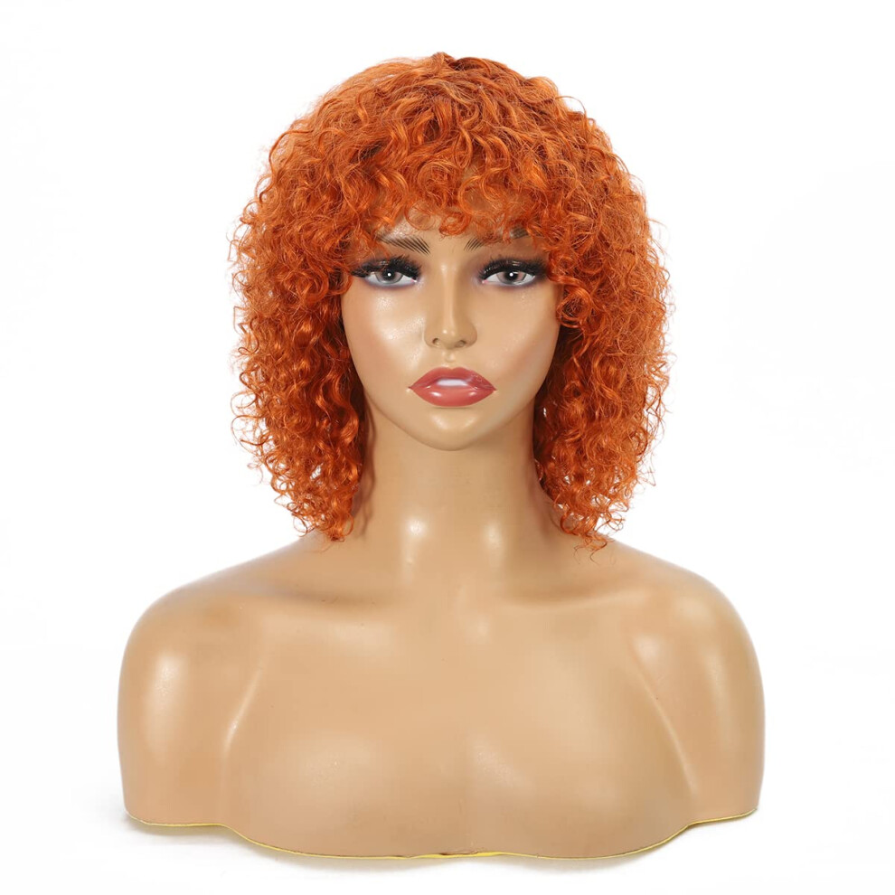 Kinky Curly Bob Wig with Bangs Human Hair for Black Women, Short Afro 180 Density, Orange 12'