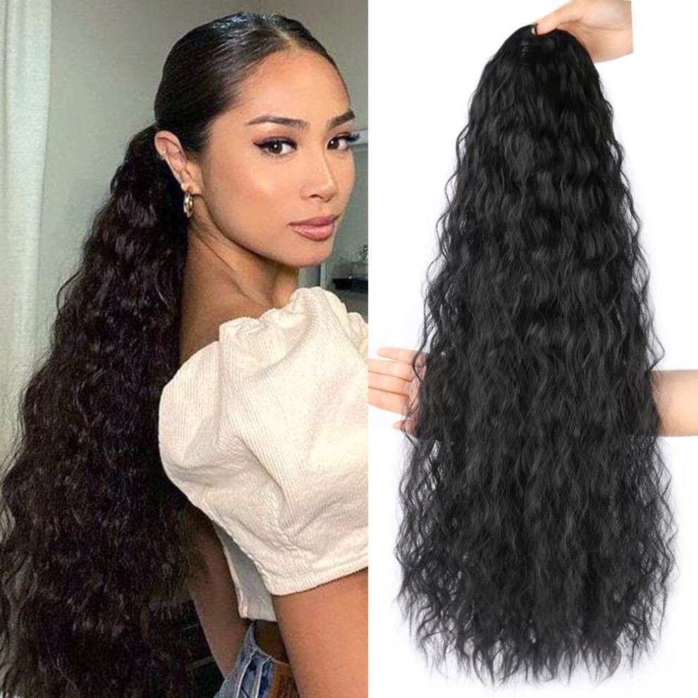 Drawstring Ponytail Extension 28 Inch Synthetic Curly Corn Wave Hairpiece with Comb Clip Black Brown