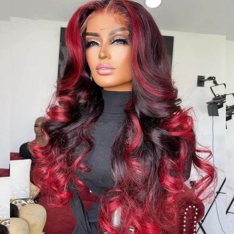 Unisex Black,Red 99J Red Ombre Body Wave Human Hair Lace Front Wig For Black Women, Pre Plucked 13X6 22Inch