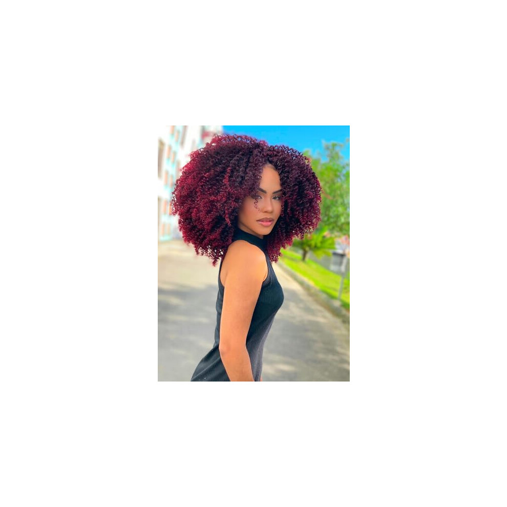 Unisex Black,Red Afro Kinky Curly Crochet Braiding Hair Extensions Short Ombre Black To Burgundy Jerry Curl 11'
