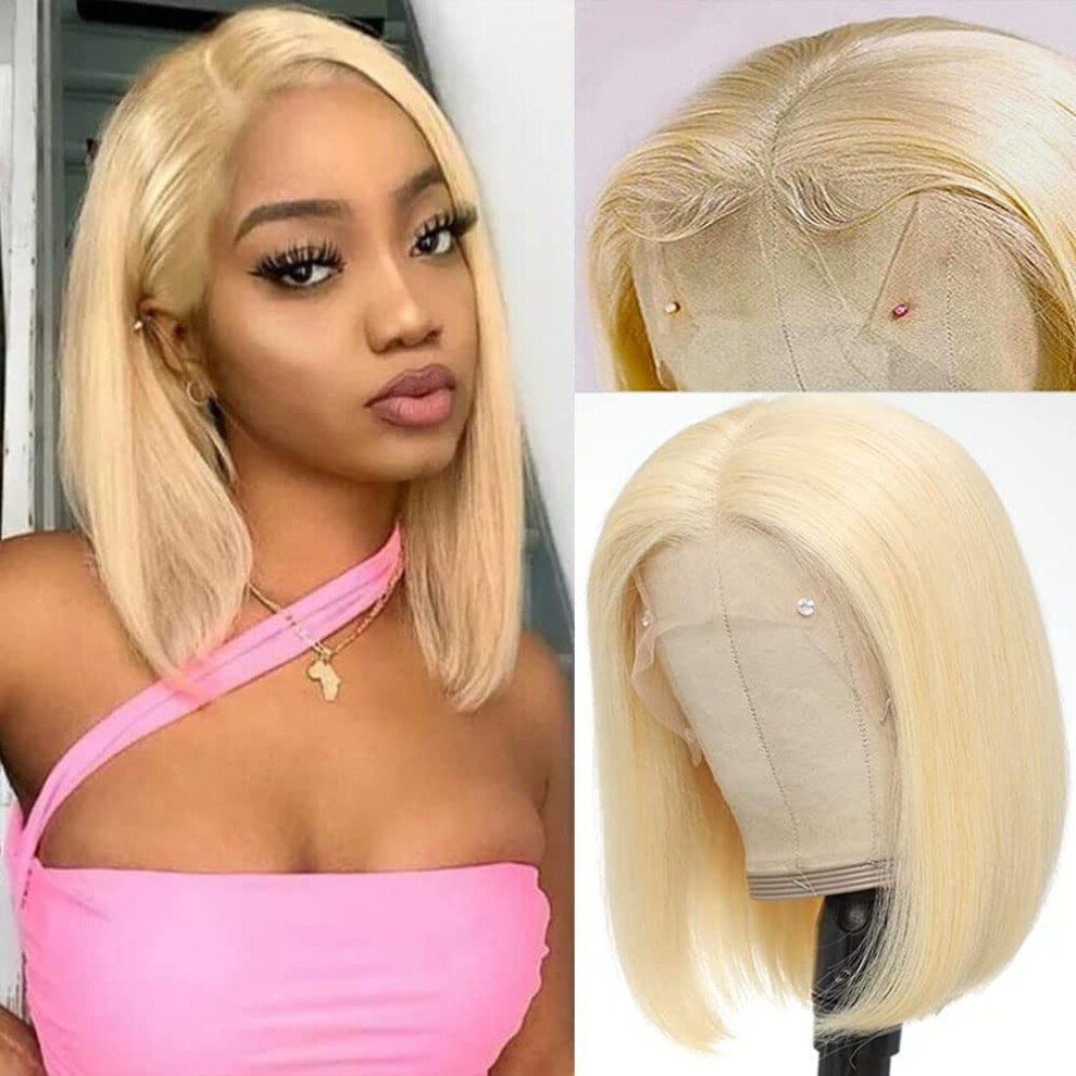 Unisex 613 Blonde 13X4 Lace Front Bob Wig Human Hair Straight Brazilian Short Wig Pre Plucked 14Inch