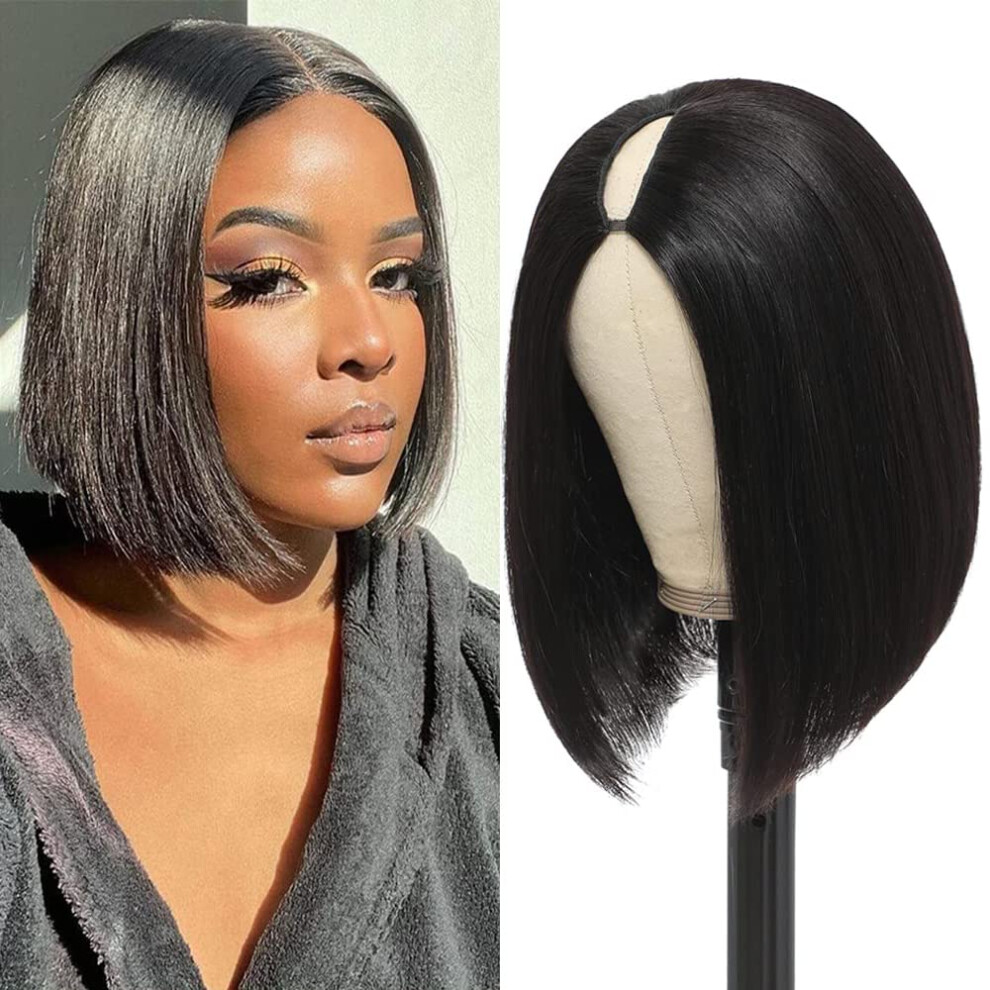 10 Inch V Part Brazilian Virgin Human Hair Bob Wig Glueless Natural Hairline for Black Women